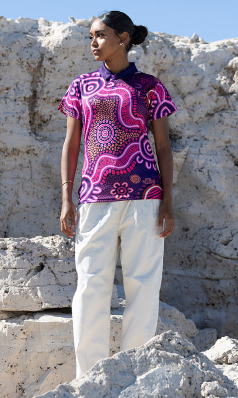 Aboriginal Art Ladies Fitted Polo Forage