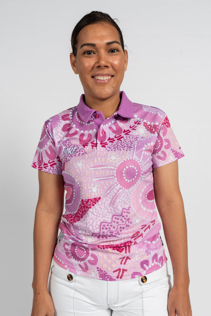 Aboriginal Art Ladies Fitted Polo Back to Country