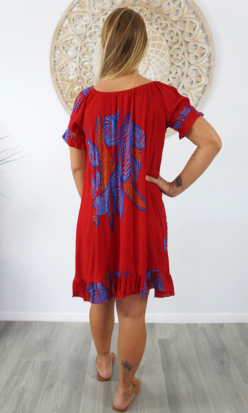 Rayon Cuba Dress Fishbone Red