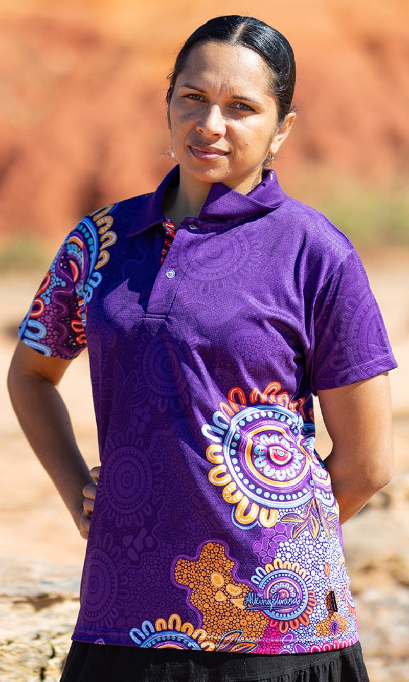 Aboriginal Art Ladies Fitted Purple Bamboo Polo Celebration