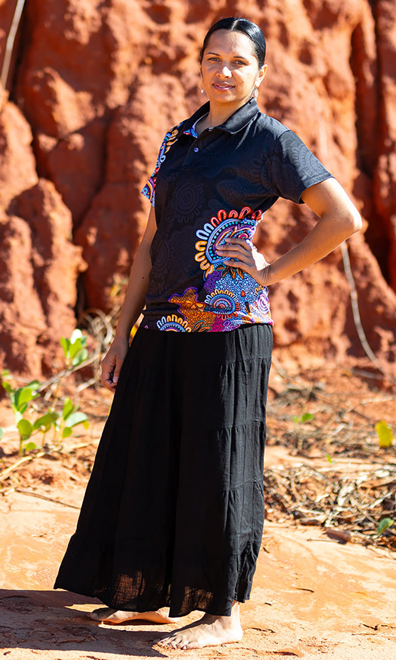 Aboriginal Art Ladies Fitted Bamboo Polo Celebration