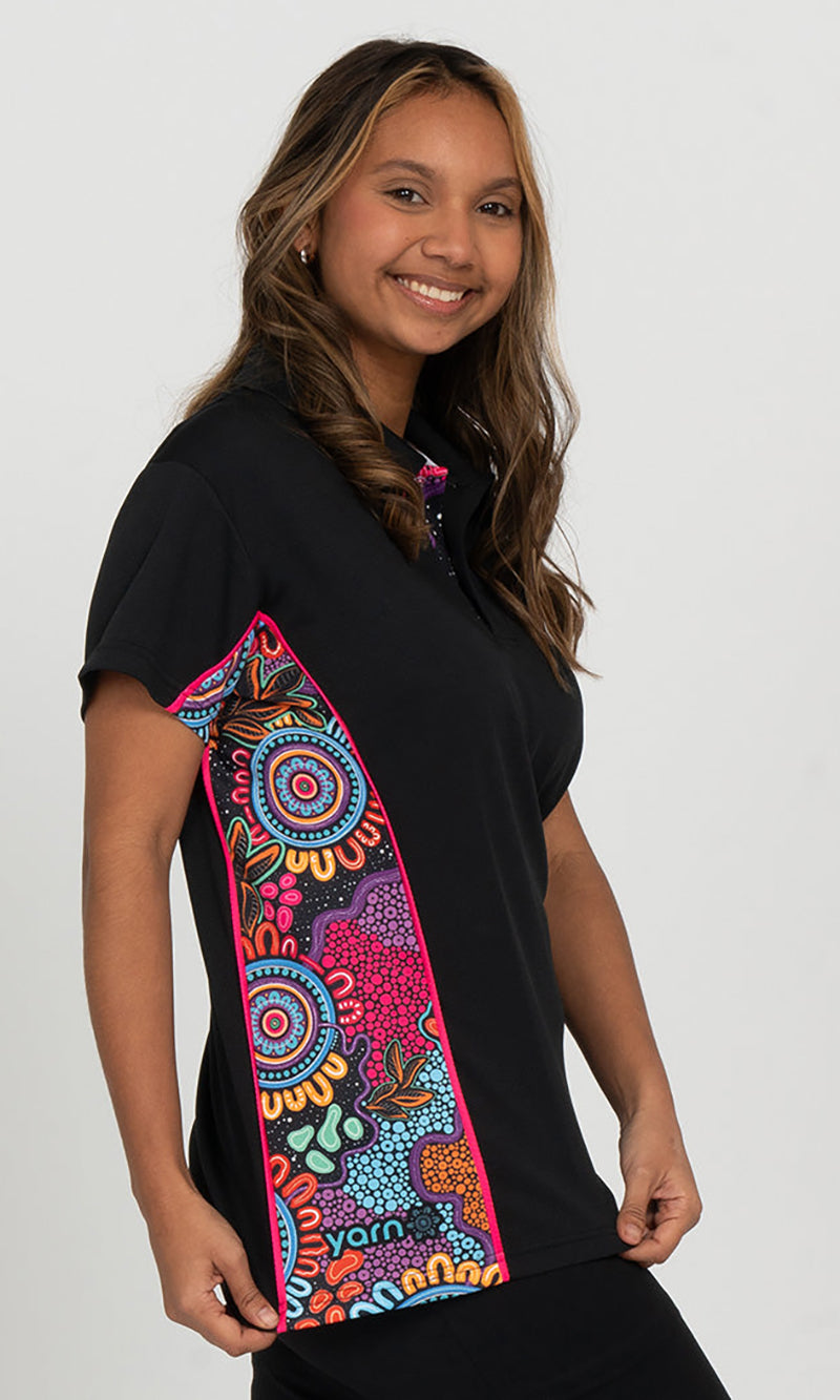 Aboriginal Art Ladies Fitted Bamboo (Simpson) Polo Celebration