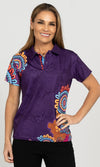 Aboriginal Art Ladies Fitted Purple Bamboo Polo Celebration