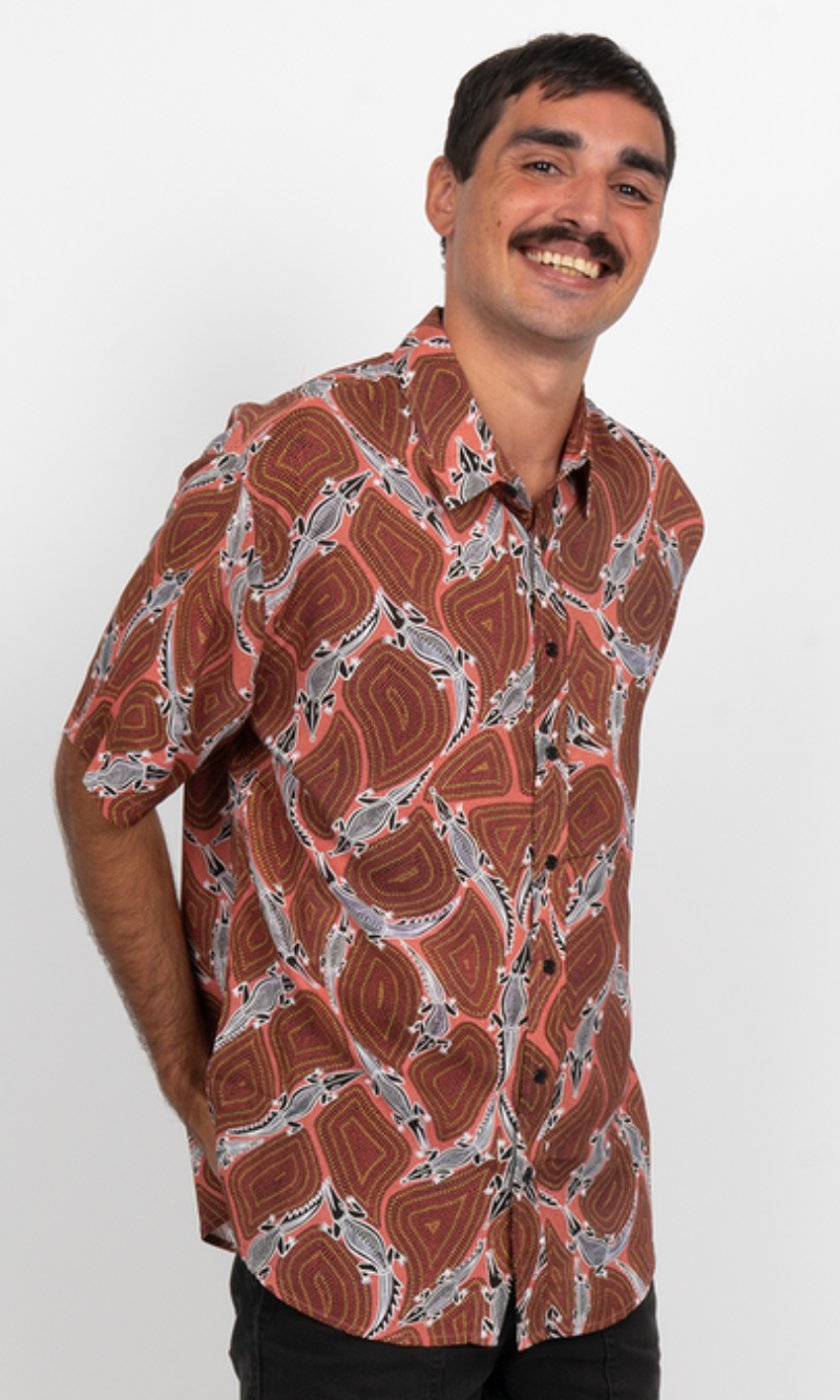 Aboriginal Art Men's Button Up Croc Story