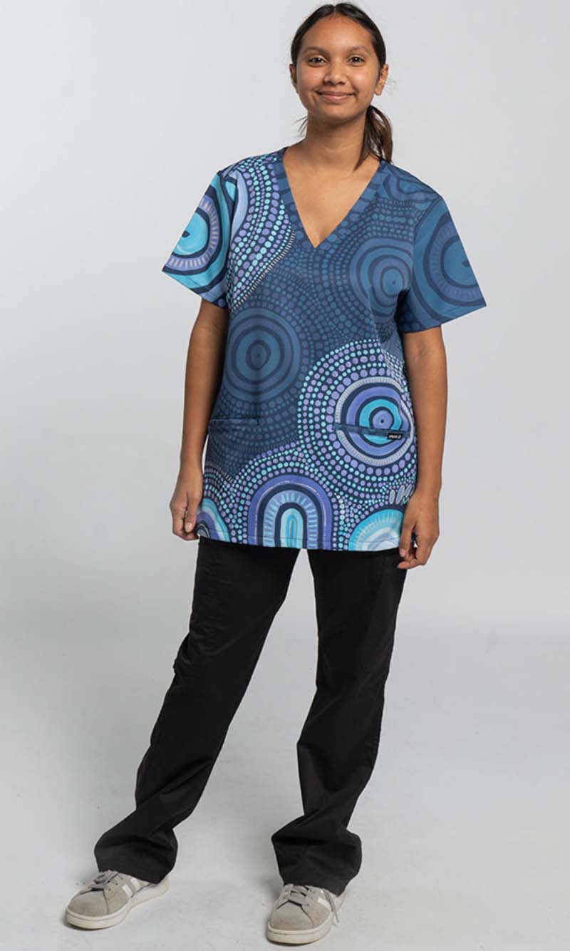 Aboriginal Art Ladies Three Pocket Scrub Top Our Future, Together