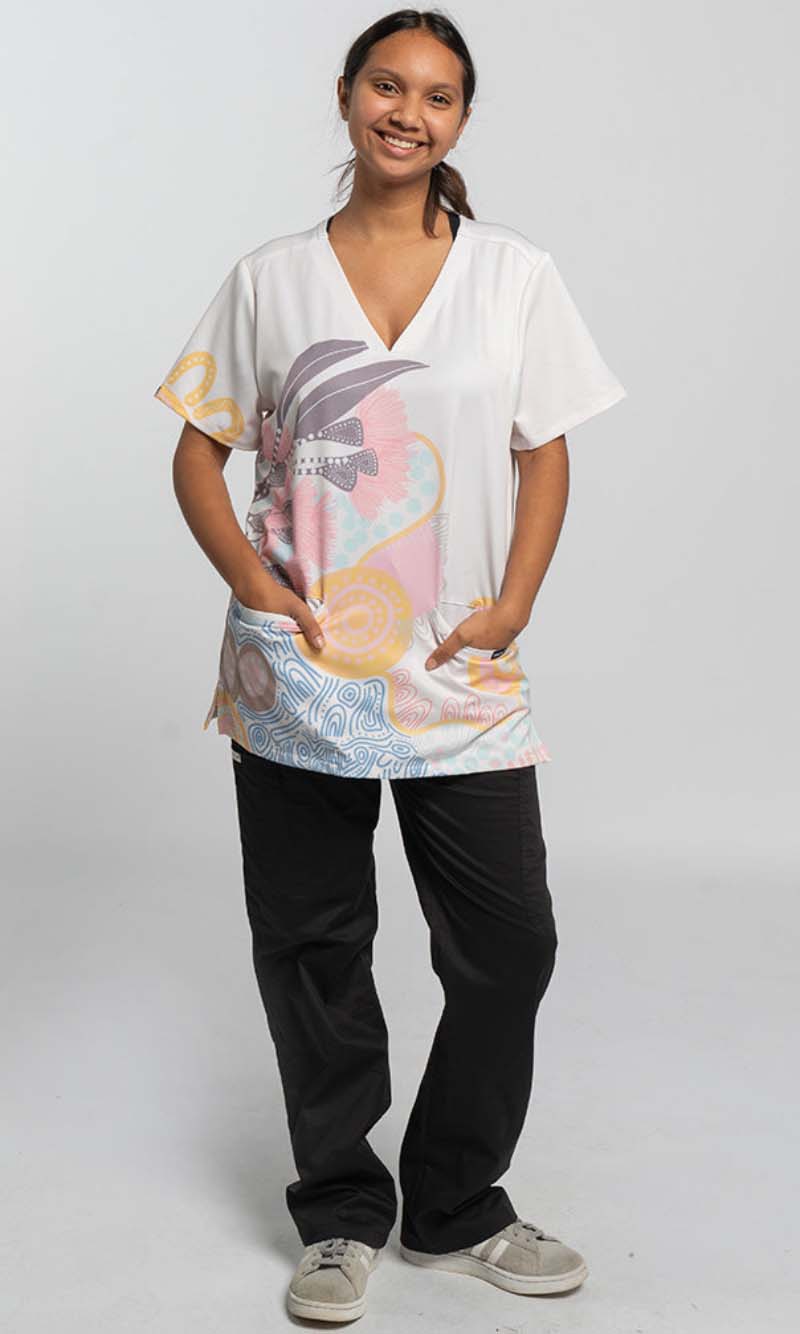 Aboriginal Art Ladies Three Pocket Scrub Top Kindling