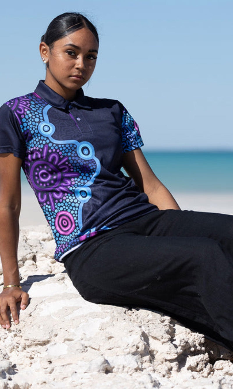 Aboriginal Art Ladies Fitted Polo Flourish Essence