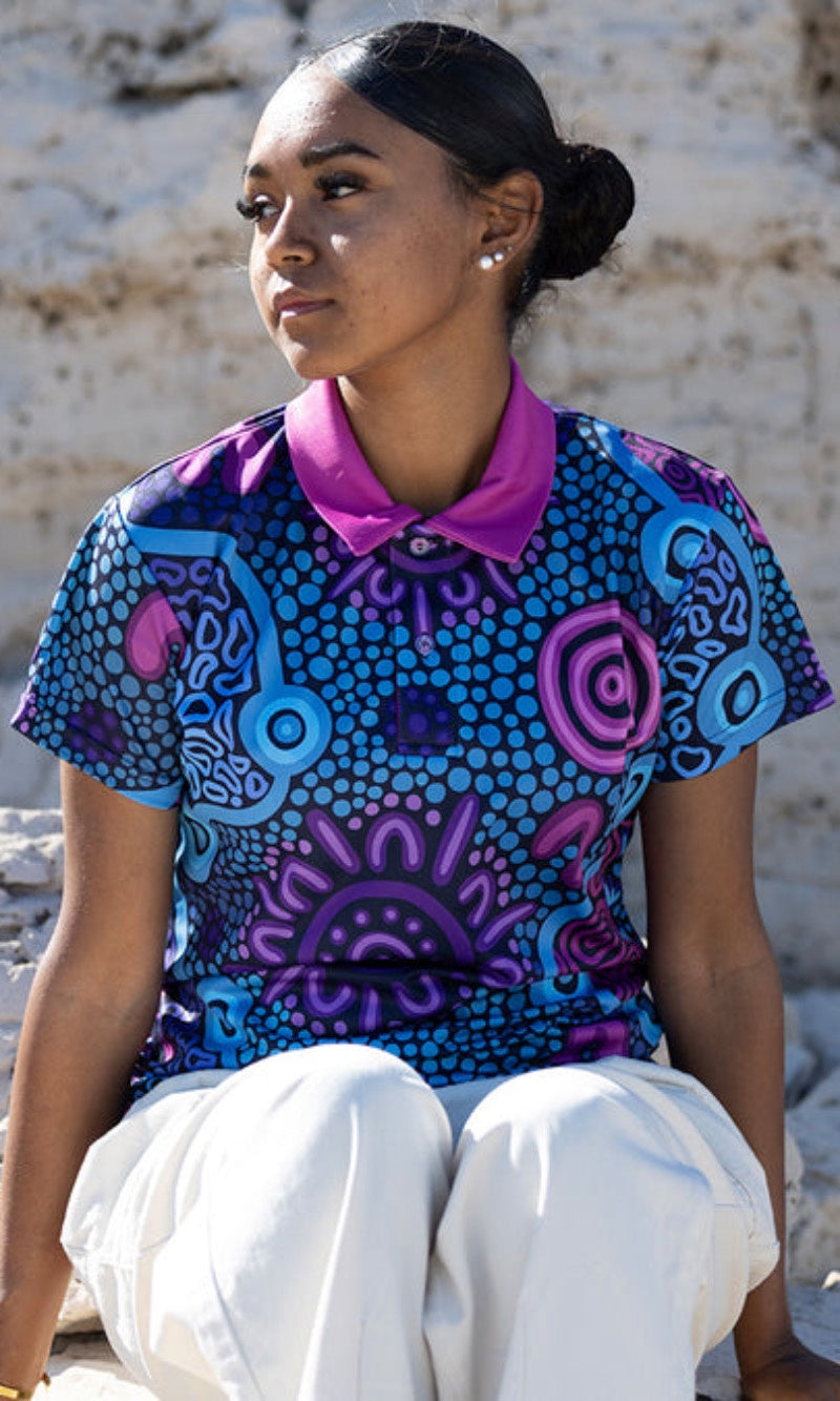 Aboriginal Art Ladies Fitted Polo Flourish