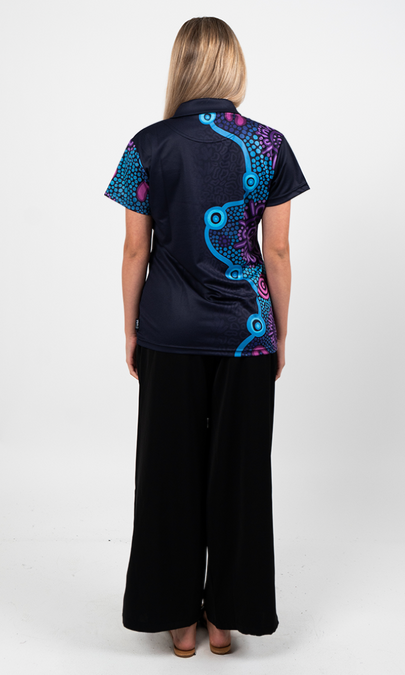 Aboriginal Art Ladies Fitted Polo Flourish Essence