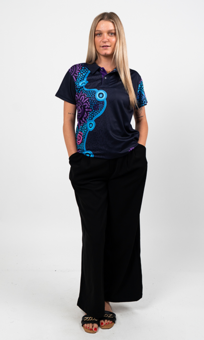 Aboriginal Art Ladies Fitted Polo Flourish Essence