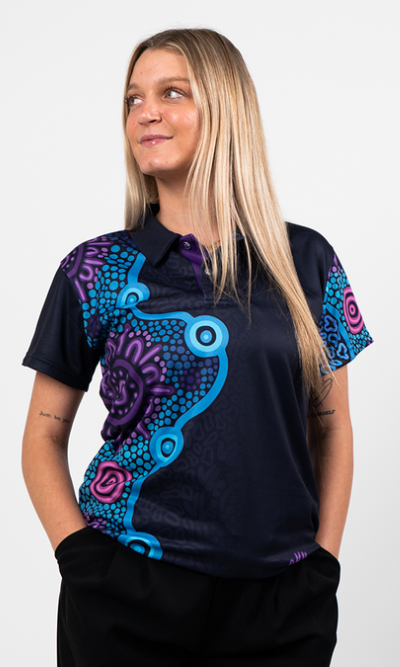 Aboriginal Art Ladies Fitted Polo Flourish Essence