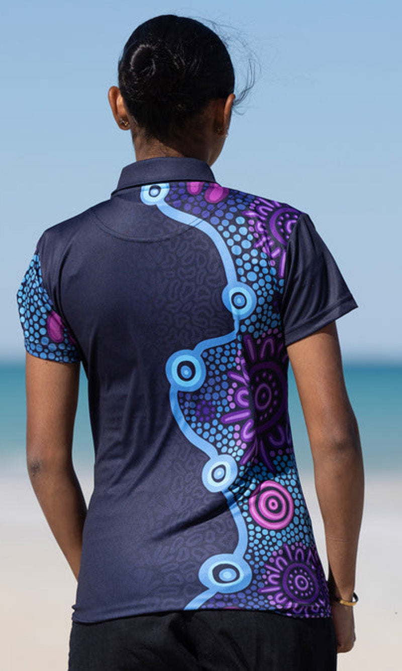 Aboriginal Art Ladies Fitted Polo Flourish Essence