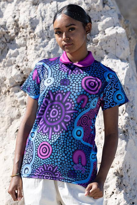 Aboriginal Art Ladies Fitted Polo Flourish