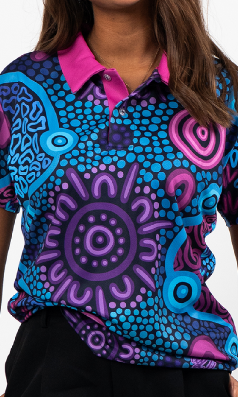 Aboriginal Art Ladies Fitted Polo Flourish
