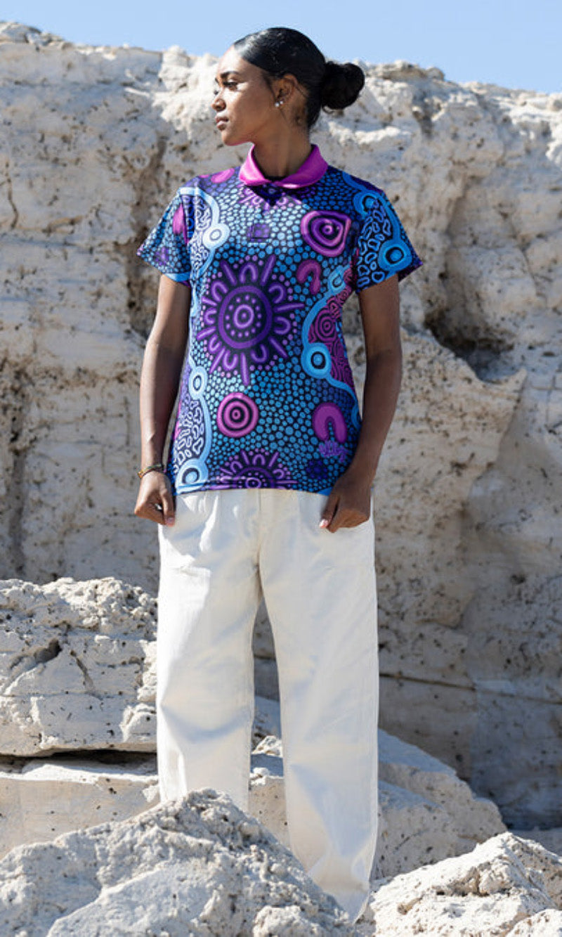 Aboriginal Art Ladies Fitted Polo Flourish