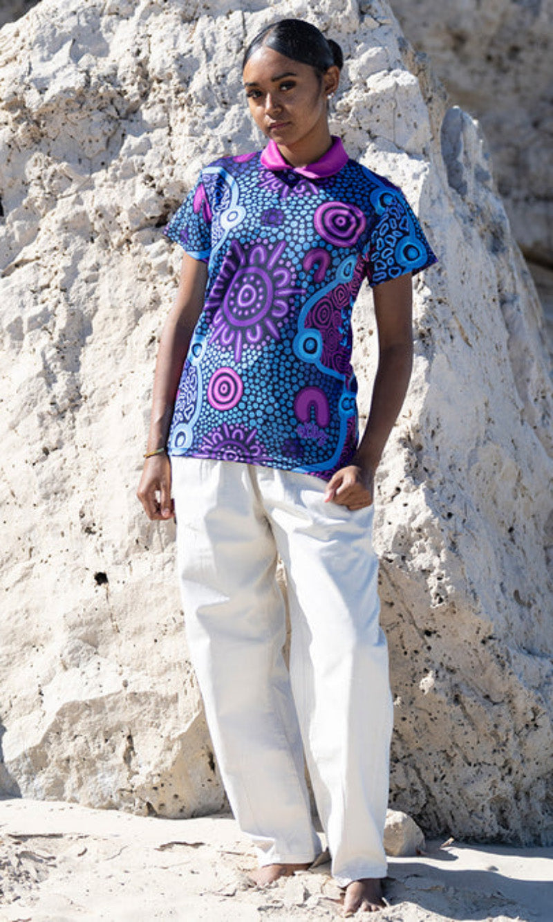 Aboriginal Art Ladies Fitted Polo Flourish