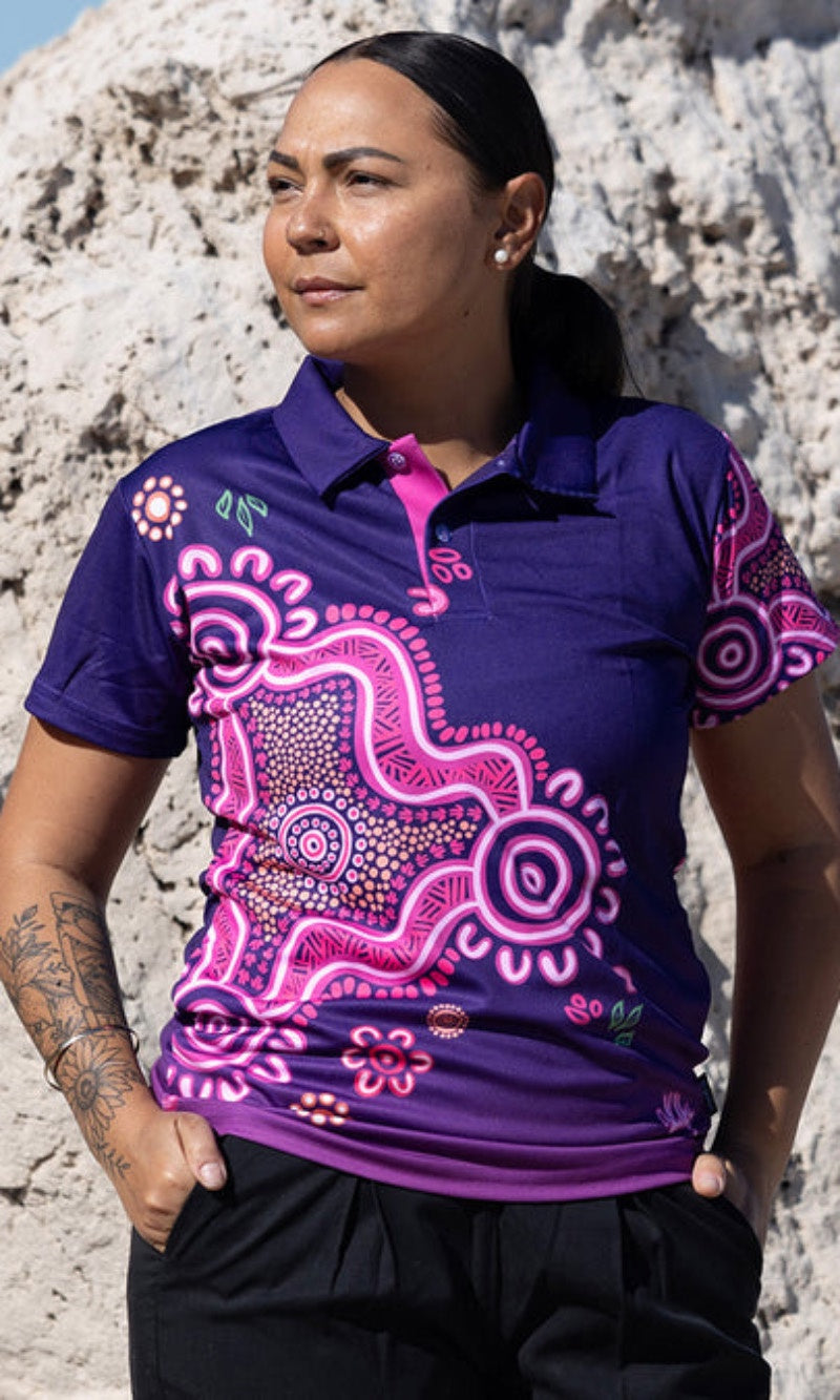 Aboriginal Art Ladies Fitted Polo Forage Essence