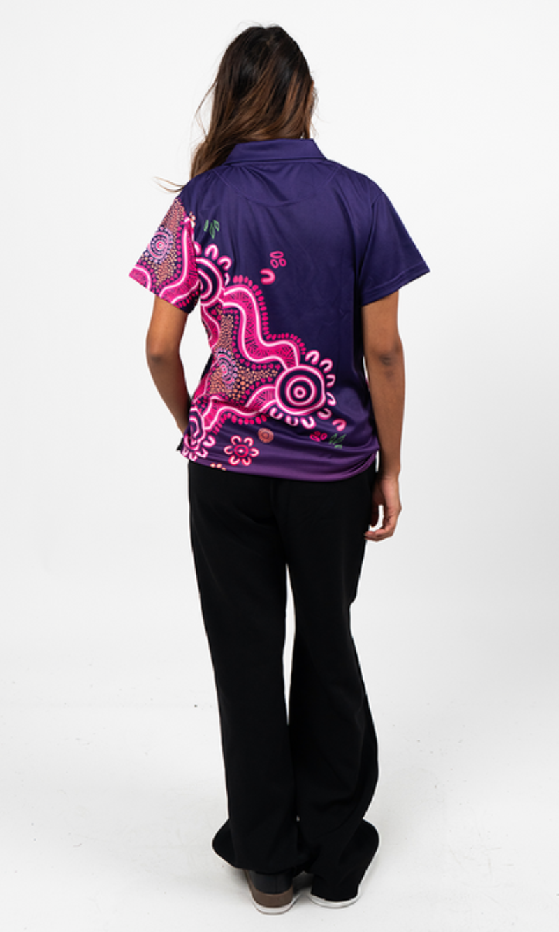 Aboriginal Art Ladies Fitted Polo Forage Essence