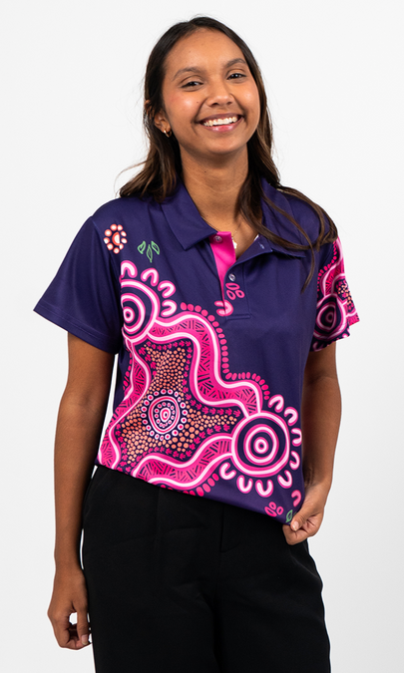Aboriginal Art Ladies Fitted Polo Forage Essence