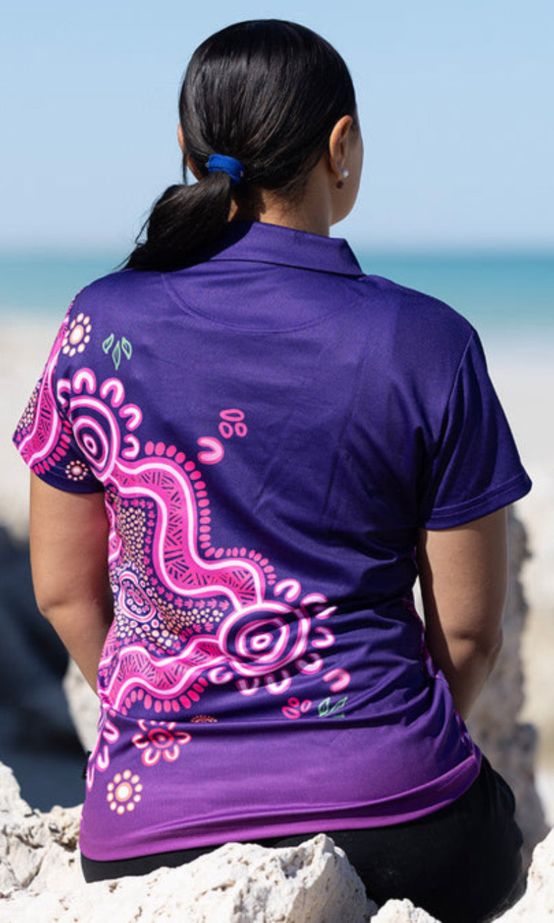 Aboriginal Art Ladies Fitted Polo Forage Essence