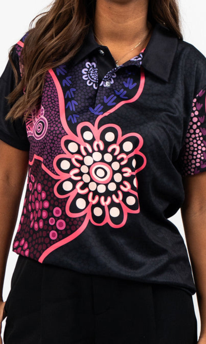 Aboriginal Art Ladies Fitted Polo Friendship Essence