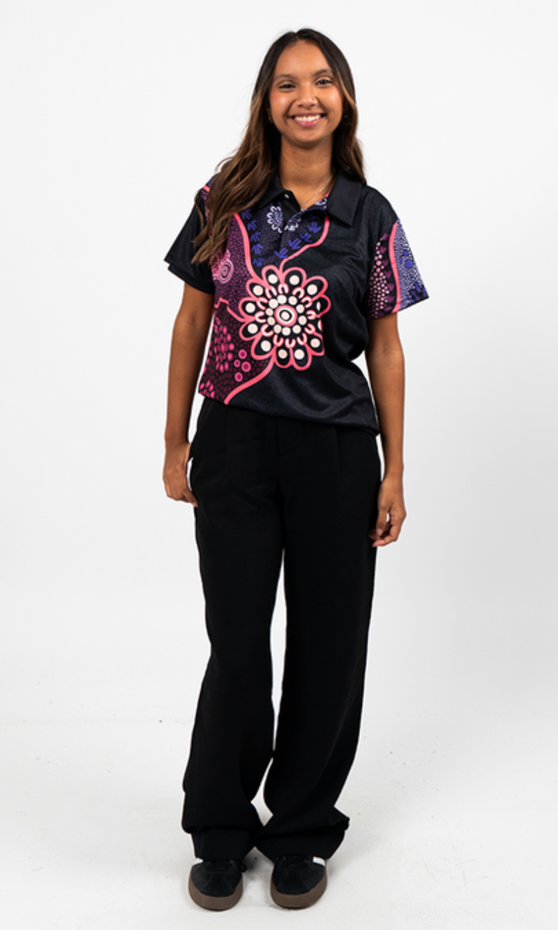 Aboriginal Art Ladies Fitted Polo Friendship Essence