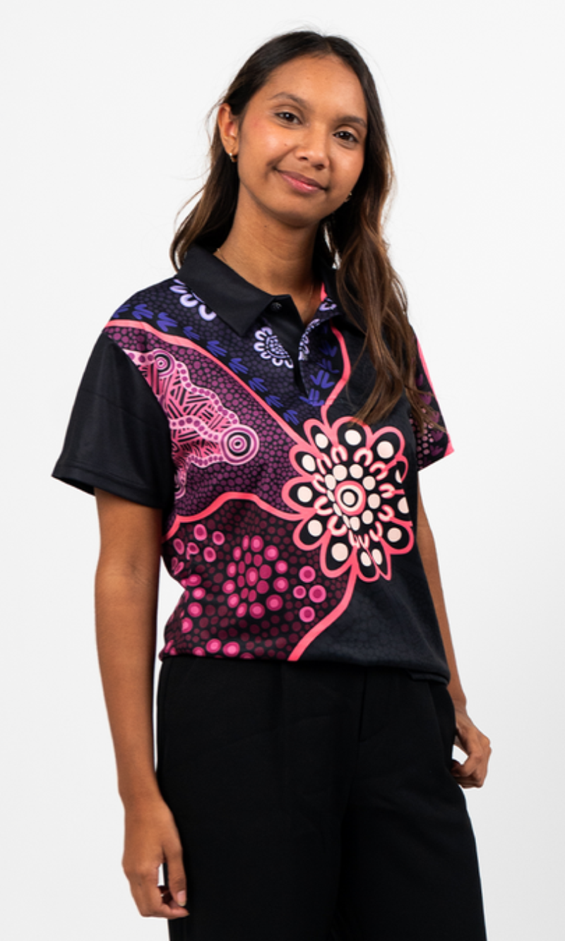 Aboriginal Art Ladies Fitted Polo Friendship Essence