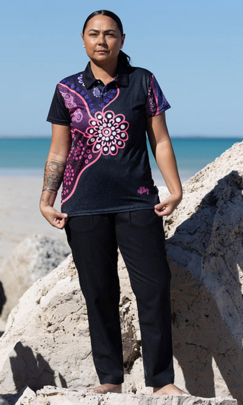 Aboriginal Art Ladies Fitted Polo Friendship Essence