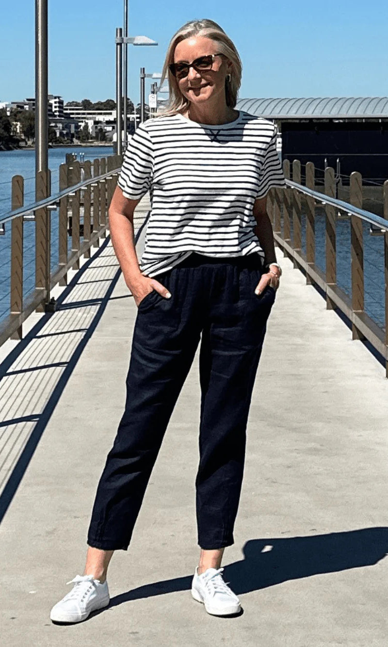 Linen Pant Jersey Waist Navy