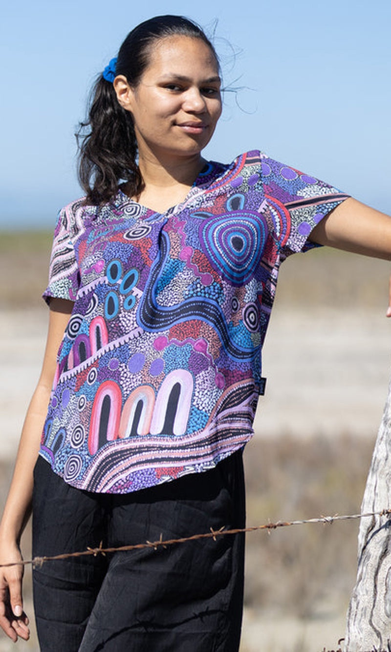 Aboriginal Art Women's V Neck Blouse Short Sleeve Grandmother's Country