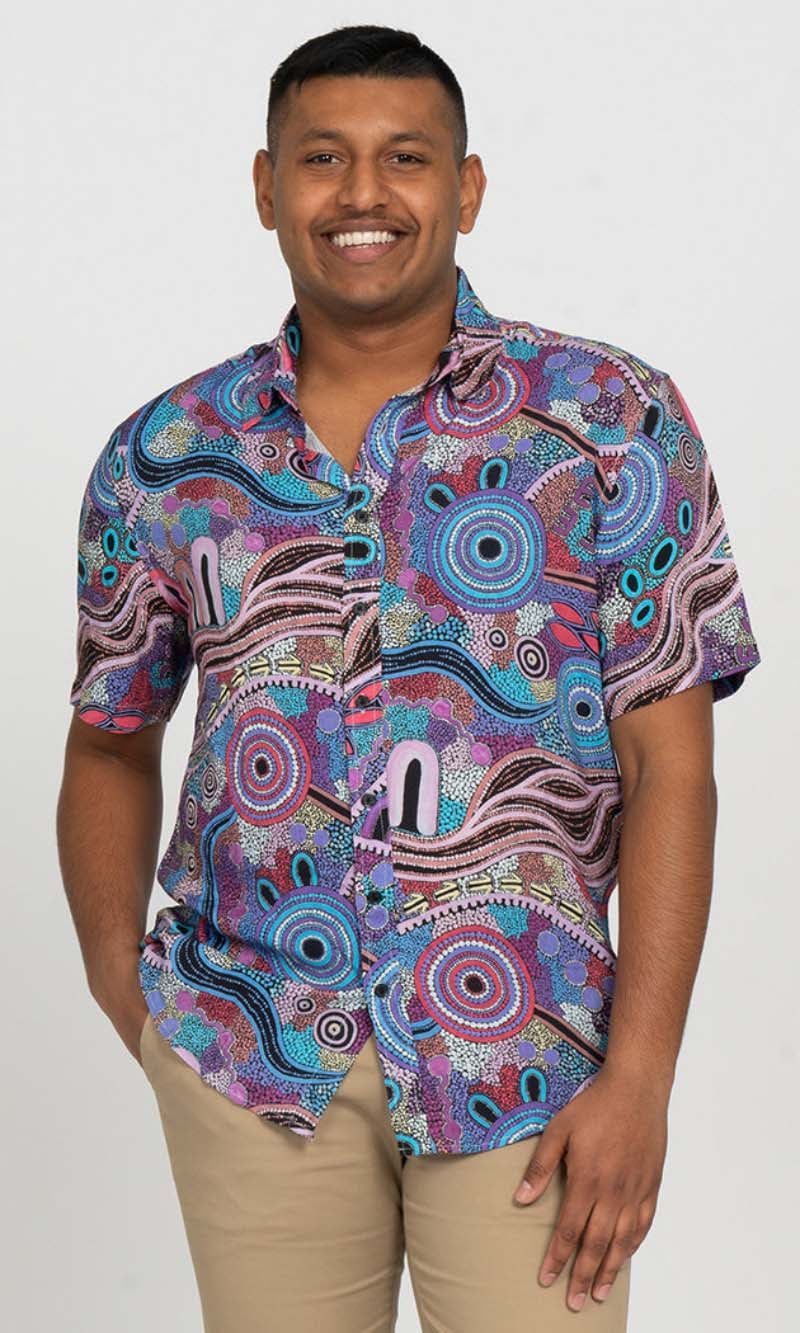 Aboriginal Art Men's Button Up Shirt Grandmother's Counrty