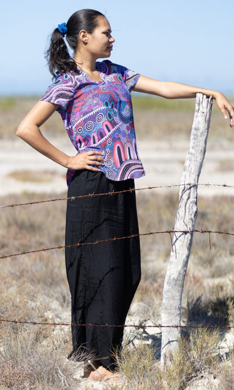 Aboriginal Art Women's V Neck Blouse Short Sleeve Grandmother's Country