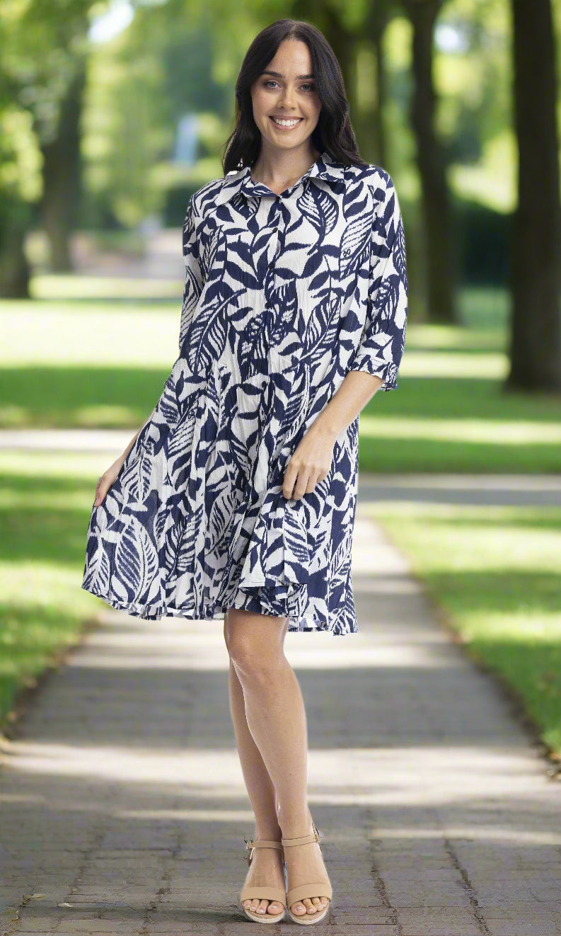 Cotton Dress Collared Puff Sleeve Hayman Navy