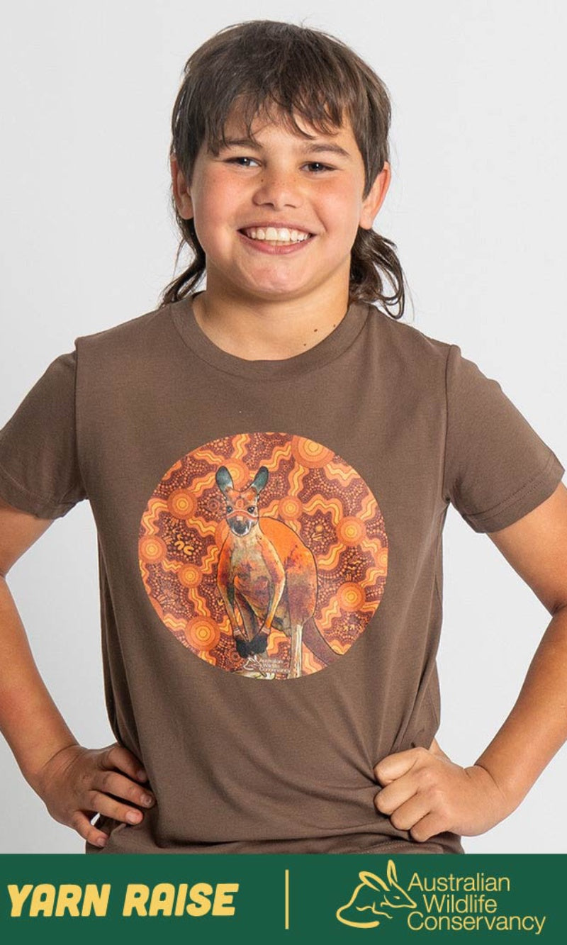 Aboriginal Art Kids T-Shirt Kangaroo (Barra) Walnut