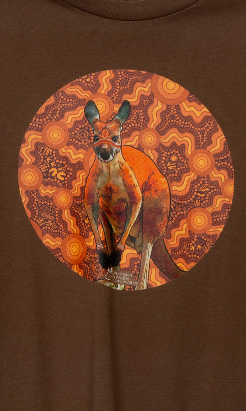 Aboriginal Art Kids T-Shirt Kangaroo (Barra) Walnut