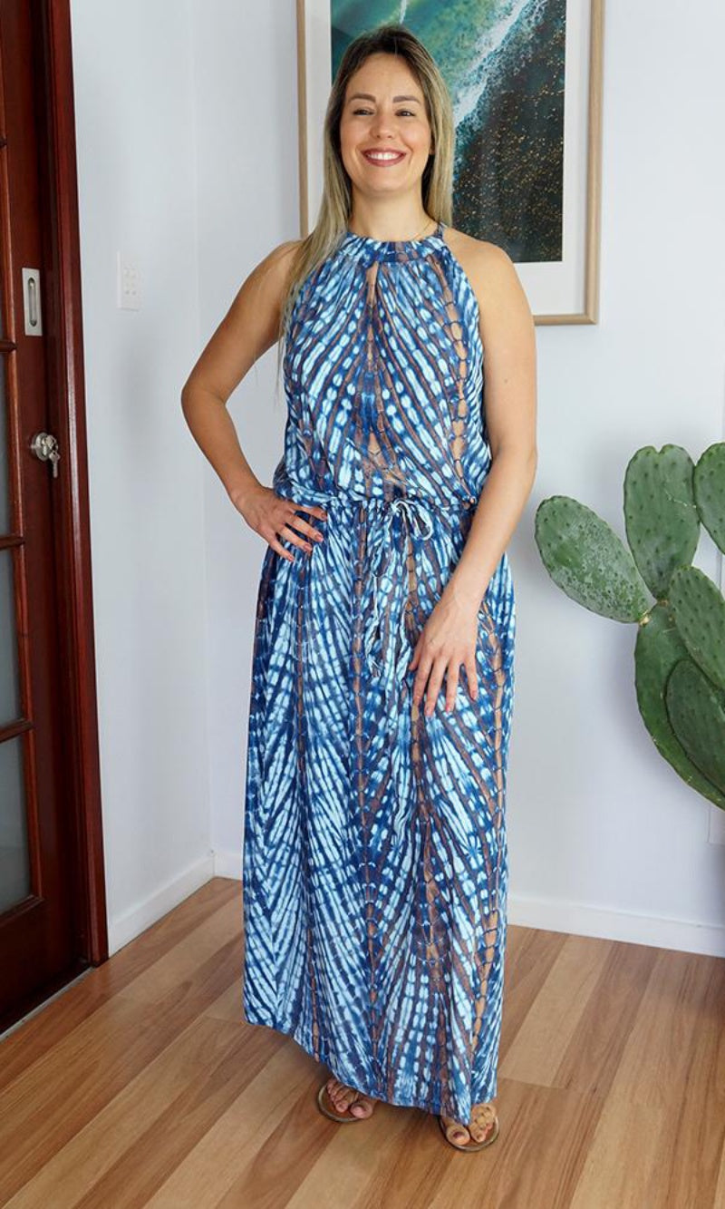 Rayon Dress Chloe Long Feathers Navy