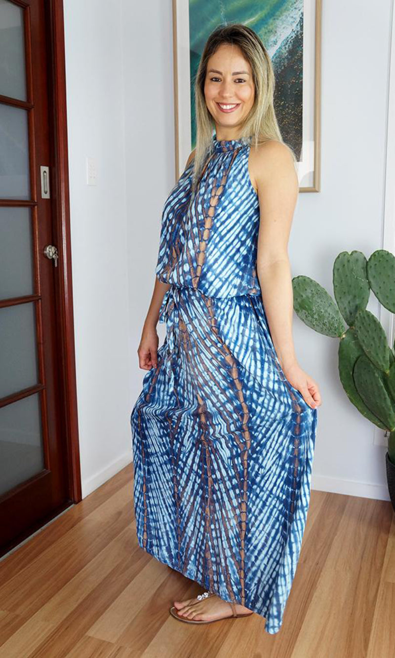 Rayon Dress Chloe Long Feathers Navy