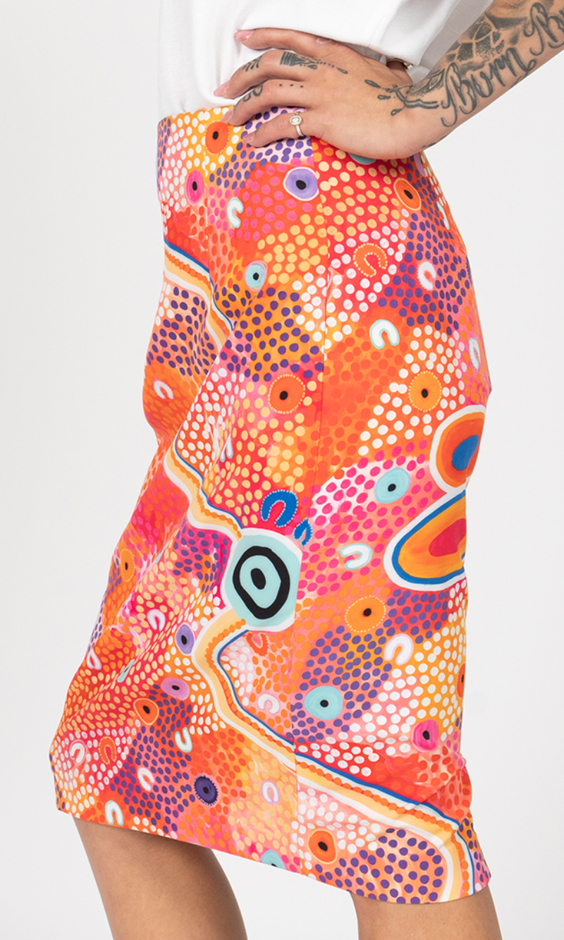 Aboriginal Art Pencil Skirt Merindah-Gunya