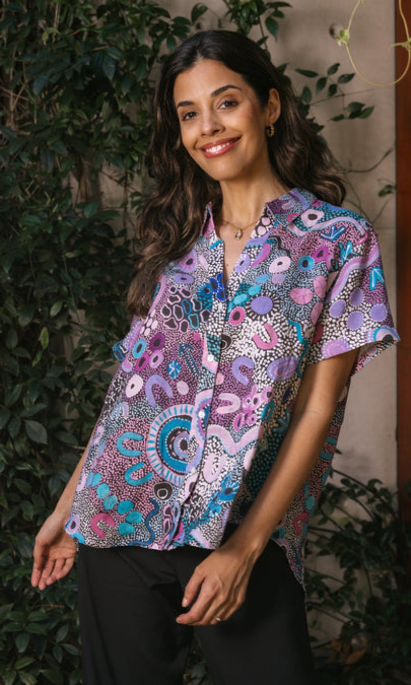 Aboriginal Art Women's Linen Short Sleeve Shirt Makuru