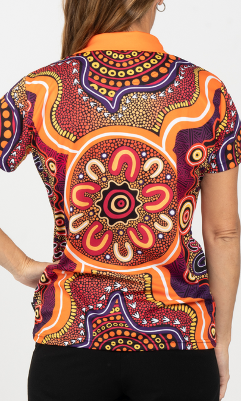Aboriginal Art Ladies Fitted Polo Miyagan