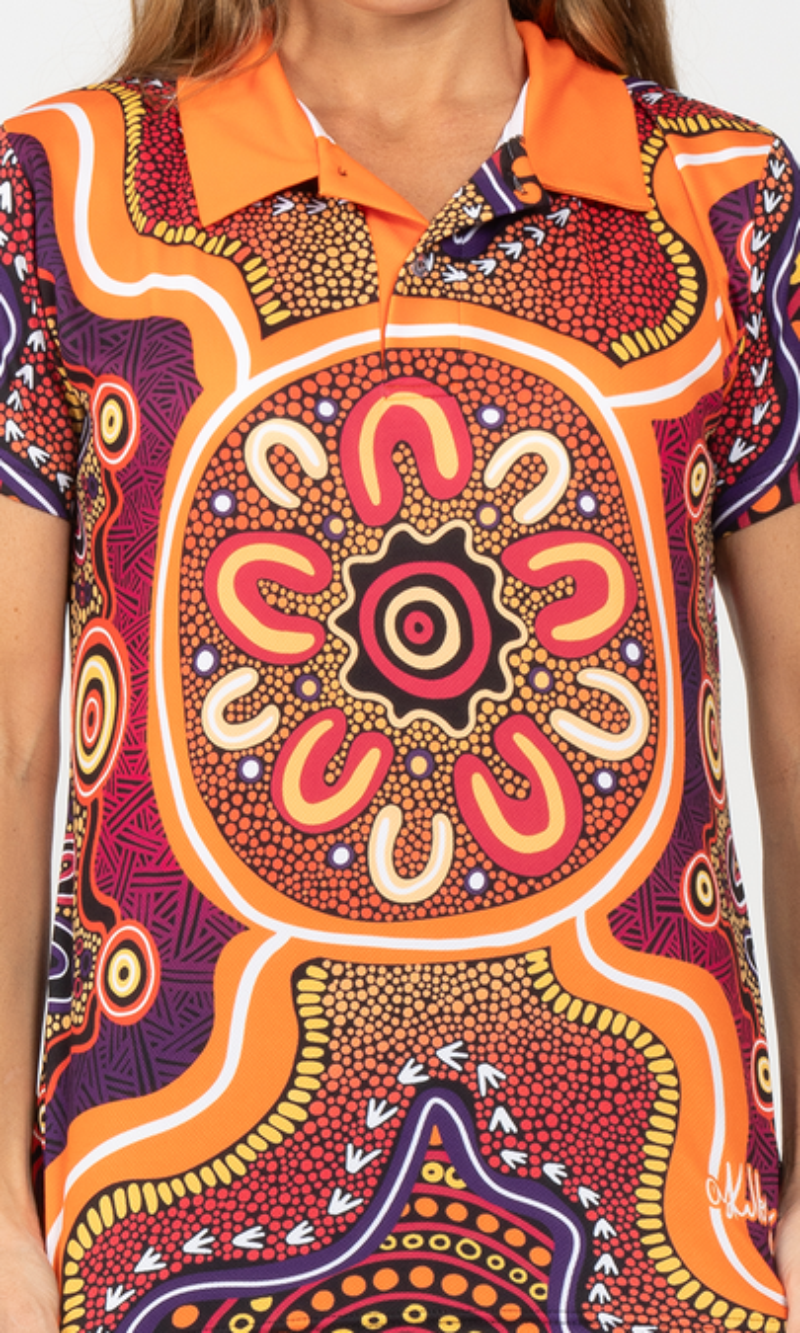 Aboriginal Art Ladies Fitted Polo Miyagan