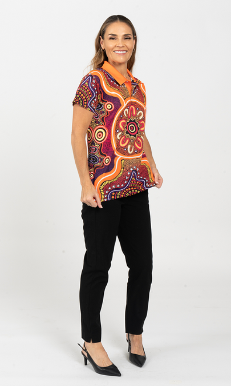 Aboriginal Art Ladies Fitted Polo Miyagan