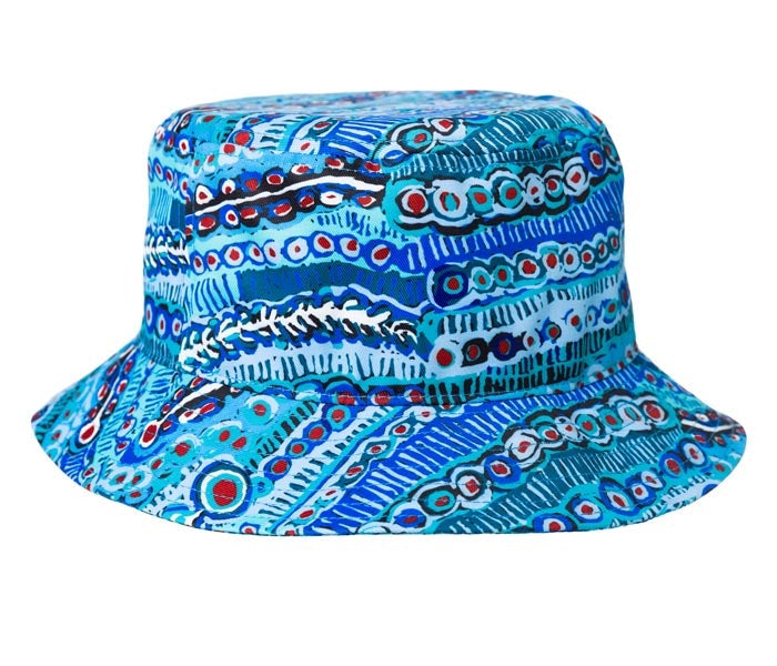 Aboriginal Art Bucket Hats Murdie Morris Blue, Two Sizes Available