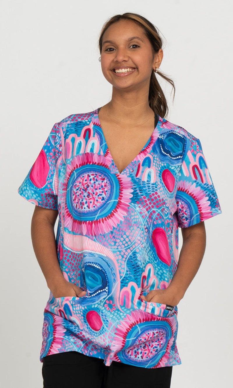 Aboriginal Art Ladies Three Pocket Scrub My Journey