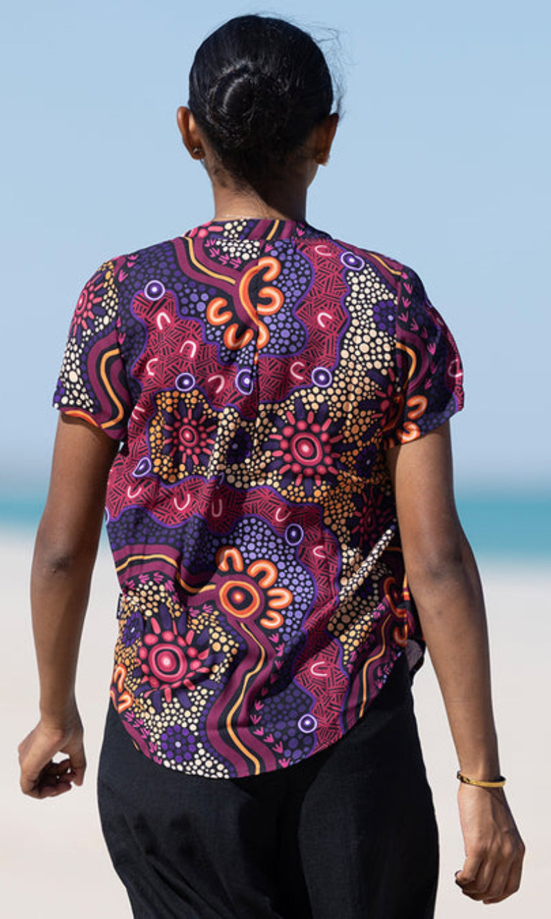 Aboriginal Art Women's V Neck Blouse Short Sleeve Ngabaan