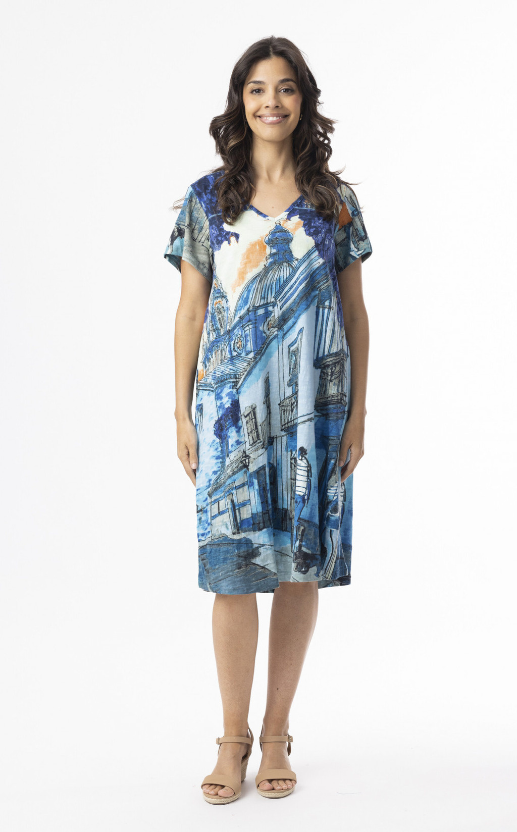 Cotton Knit Contempory Dress Short Sleeve Tower Blue
