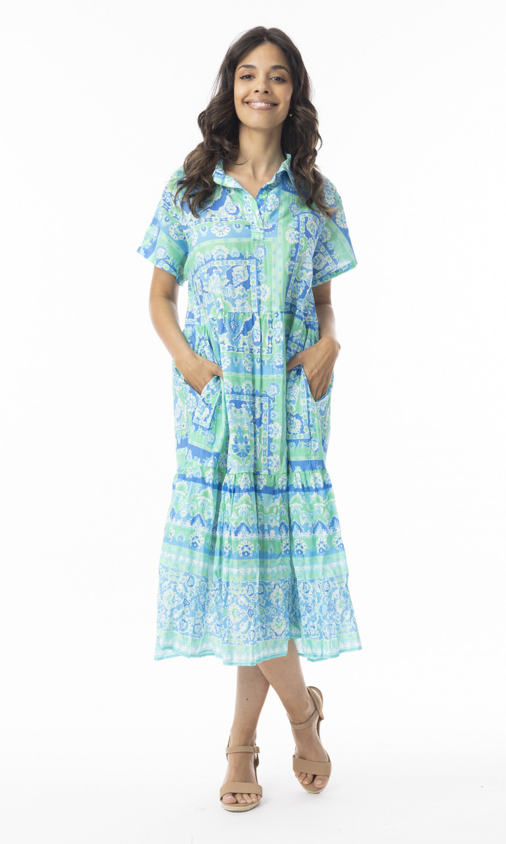 Cotton Dress Collar Layers Montevideo Aqua
