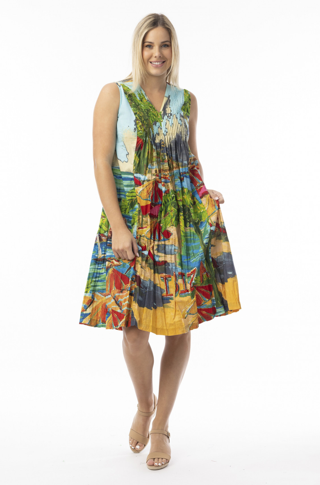 Crinkle Cotton Dress V Neck Pleated Ibiza