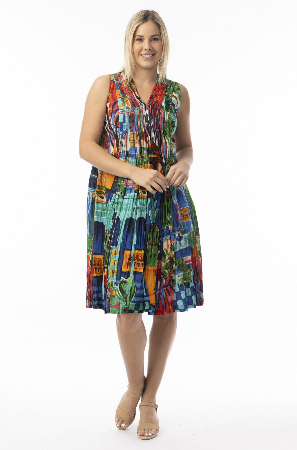 Crinkle Cotton Dress V Neck Pleated Oasis