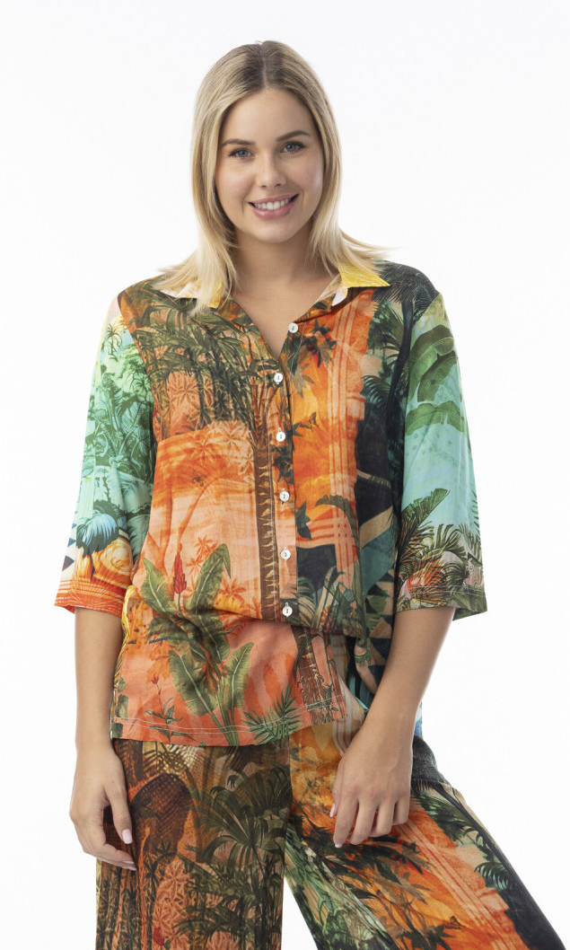 Rayon Shirt Collared Digital Print Vintage Tropical